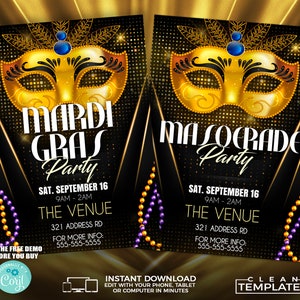 May include: A Mardi Gras party invitation with a gold mask on a black background with gold and purple beads. The text reads "Mardi Gras Party" and "Masquerade Party". The date and time of the party are listed as "Sat. September 16, 9AM-2AM". The venue is listed as "The Venue, 321 Address Rd". The invitation also includes the text "Try the free demo before you buy".
