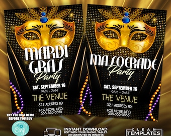 Mardi Gras/ Masquerade Flyer | Edit Online | 5X7 Digital & Printable | Do It Yourself | Corjl Template