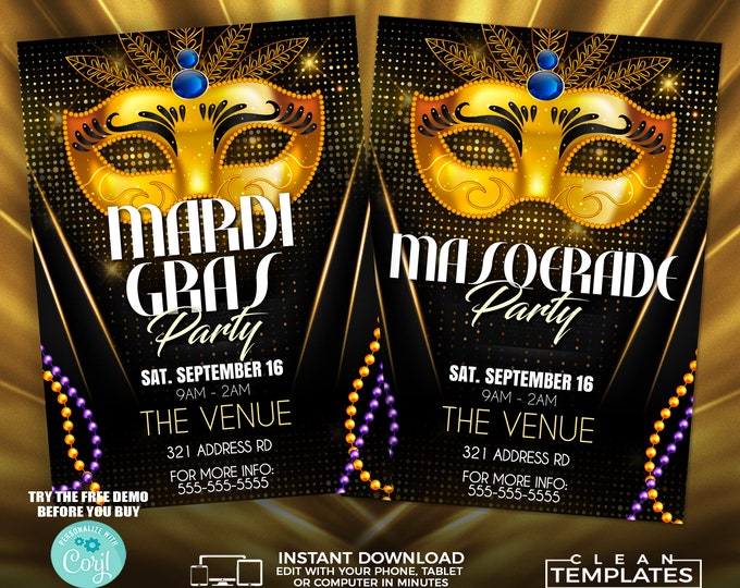 Mardi Gras/ Masquerade Flyer | Edit Online | 5X7 Digital & Printable | Do It Yourself | Corjl Template