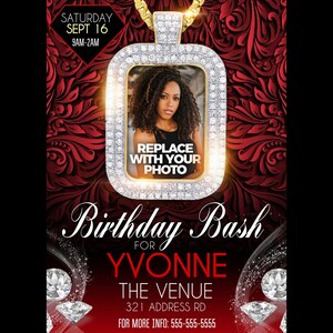 May include: A red and gold birthday party invitation with a diamond-encrusted pendant featuring a photo placeholder. The text reads "Saturday Sept 16 9AM-2AM Replace with your photo Birthday Bash for Yvonne The Venue 321 Address Rd For More Info: 555-555-5555"