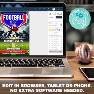 May include: A laptop computer displaying a website with a customizable football party invitation template. The template features a red and white football graphic with the text "Football Night" and "Monday, Oct. 23, 9PM". The website is titled "Personalize with Corjl" and has a blue and green gear icon.