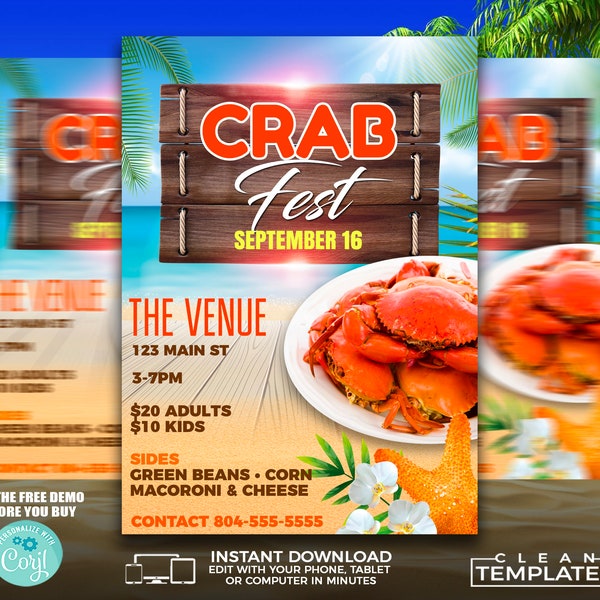 Crab Fest Flyer | Edit Online | 5X7 Digital & Printable | Do It Yourself | Corjl Template