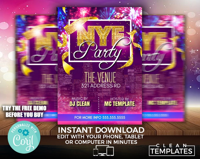 New Years Eve Flyer Invitation Template | Edit Online | 5X7 Digital & Printable | Do It Yourself | Corjl Template