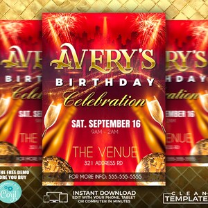 May include: A red and gold birthday party invitation with the text "Avery's Birthday Celebration" and the date "Sat. September 16, 9am - 2am". The invitation also includes the venue name and address, "The Venue, 321 Address Rd", and a phone number for more information. The invitation is decorated with fireworks, champagne glasses, and disco balls.