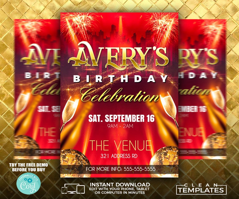 May include: A red and gold birthday party invitation with the text "Avery's Birthday Celebration" and the date "Sat. September 16, 9am - 2am". The invitation also includes the venue name and address, "The Venue, 321 Address Rd", and a phone number for more information. The invitation is decorated with fireworks, champagne glasses, and disco balls.