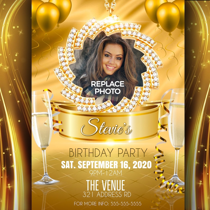 Może przedstawiać: Złote zaproszenie na przyjęcie urodzinowe z ramką na zdjęcie w kształcie diamentowego naszyjnika. Zaproszenie zawiera tekst "Stevie's Birthday Party", "Sat. September 16, 2020", "9PM-12AM", "The Venue", "321 Address Rd" oraz "For More Info: 555-555-5555".