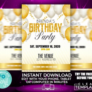 May include: A gold and white birthday party invitation featuring balloons and confetti. The text reads "Brenda's Birthday Party" with the date and time of the party. The invitation also includes the venue address and contact information.