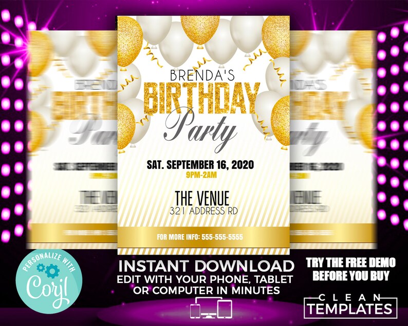May include: A gold and white birthday party invitation featuring balloons and confetti. The text reads "Brenda's Birthday Party" with the date and time of the party. The invitation also includes the venue address and contact information.