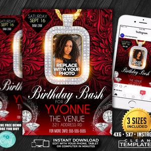 May include: Red and gold birthday party invitation with a diamond-encrusted pendant featuring a photo placeholder. The invitation includes the text "Birthday Bash for Yvonne" and the venue and contact information. The invitation is available in three sizes: 4x6, 5x7, and Instagram.