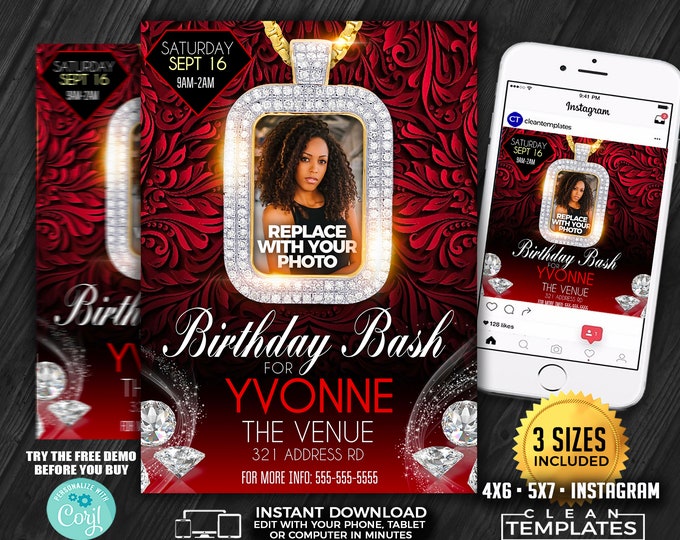 Diamond  Birthday Bash | 3 Sizes Included | 4x6 +  5X7 + Instagram Post | Digital & Printable | Do It Yourself | Corjl Template