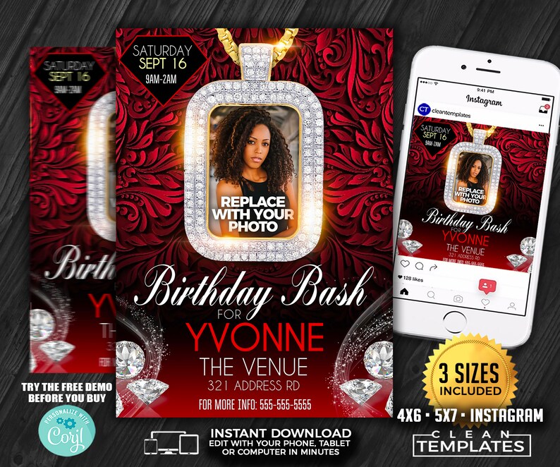 May include: Red and gold birthday party invitation with a diamond-encrusted pendant featuring a photo placeholder. The invitation includes the text "Birthday Bash for Yvonne" and the venue and contact information. The invitation is available in three sizes: 4x6, 5x7, and Instagram.