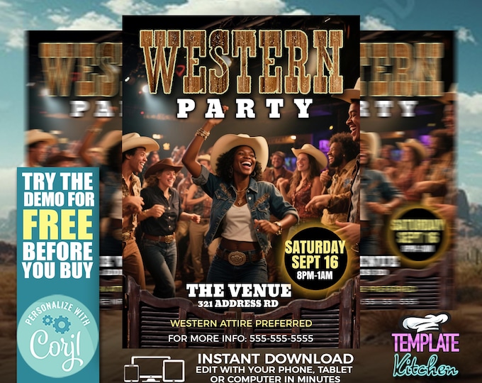 WESTERN PARTY Flyer Template | Editable Corjl Template | Rustic Cowboy Rodeo Birthday | Country Western Event Invite | Barn Dance Flyer