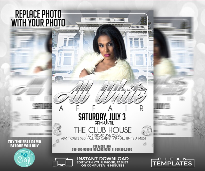 May include: A flyer for an "All White Affair" party at The Club House on Saturday, July 3rd from 9pm until closing. The flyer features a woman in a white fur coat and a white car in the background. The text "All White A Must" is included.