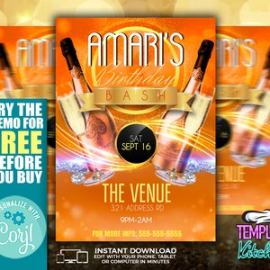 May include: A gold and orange birthday party invitation with a champagne bottle and glasses. The text reads "Amari's Birthday Bash" and "Sept 16".