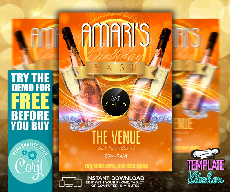 May include: A gold and orange birthday party invitation with a champagne bottle and glasses. The text reads "Amari's Birthday Bash" and "Sept 16".