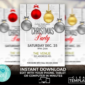 May include: Christmas Party flyer with red, silver, and gold ornaments. The flyer includes the text "Christmas Party" in a festive font, along with the date, time, and venue. The flyer is designed with a winter holiday theme.