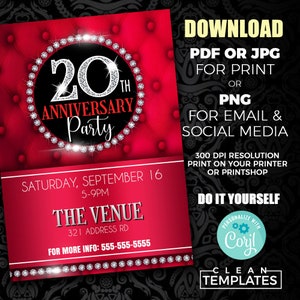 May include: A red and black invitation with a diamond-encrusted 20th anniversary party logo. The invitation includes the date, time, location, and contact information. The text reads "20th Anniversary Party", "Saturday, September 16, 5-9PM", "The Venue", "321 Address Rd", and "For More Info: 555-555-5555".