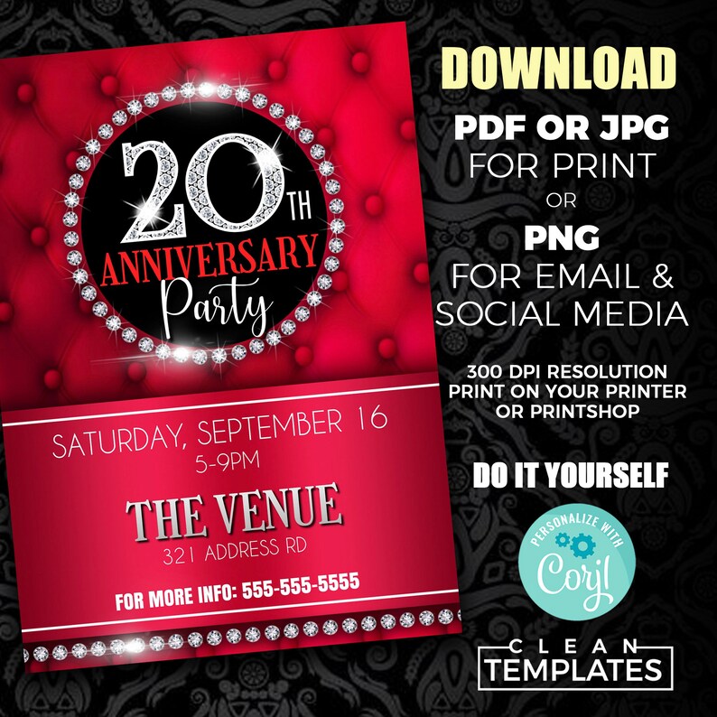 May include: A red and black invitation with a diamond-encrusted 20th anniversary party logo. The invitation includes the date, time, location, and contact information. The text reads "20th Anniversary Party", "Saturday, September 16, 5-9PM", "The Venue", "321 Address Rd", and "For More Info: 555-555-5555".