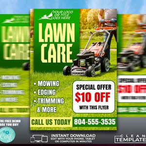 May include: Green and white lawn care flyer featuring a photo of someone mowing a lawn. The flyer advertises a £10 off special offer with the text "Call us today 804-555-3535".