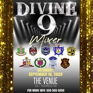 Pode incluir: Um cartaz promocional para um evento "Divine 9th Mixer". O design apresenta o texto "DIVINE 9th Mixer" em prata, com v&aacute;rios bras&otilde;es de organiza&ccedil;&otilde;es gregas. O evento est&aacute; agendado para s&aacute;bado, 16 de setembro de 2020, em "The Venue".