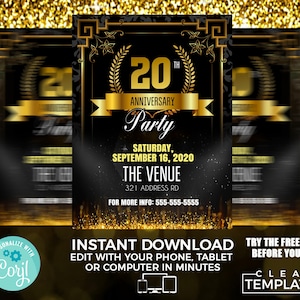 May include: A black and gold 20th anniversary party invitation with a gold laurel wreath and the text "20th Anniversary Party". The invitation includes the date, time, and location of the party. The text "Instant Download" and "Edit with your phone, tablet or computer in minutes" is also included.