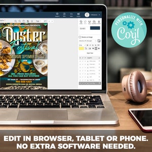 May include: A laptop computer displaying a flyer for an Oyster Festival. The flyer is blue and green with a picture of oysters. The text on the flyer reads "Oyster Festival" and "Saturday September 16, 4PM". The flyer also includes the price of $50 and the address of the event. The laptop is on a wooden table with a pair of headphones and a smartphone.