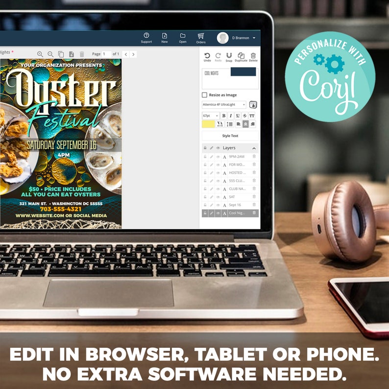 May include: A laptop computer displaying a flyer for an Oyster Festival. The flyer is blue and green with a picture of oysters. The text on the flyer reads "Oyster Festival" and "Saturday September 16, 4PM". The flyer also includes the price of $50 and the address of the event. The laptop is on a wooden table with a pair of headphones and a smartphone.