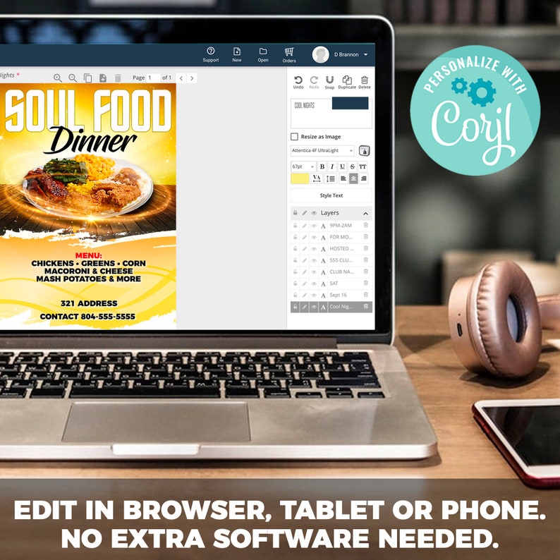 Pu&ograve; includere: Uno schermo di computer portatile che mostra un sito web con una grafica colorata per un menu di cena di cucina soul. Il menu include voci come pollo, verdure, mais, maccheroni e formaggio e pur&egrave; di patate. Il testo "PERSONALIZZA CON Corjl" &egrave; visualizzato in un cerchio blu con un'icona a forma di ingranaggio. Il testo "MODIFICA NEL BROWSER, TABLET O TELEFONO. NON &Egrave; NECESSARIO NESSUN SOFTWARE AGGIUNTIVO." &egrave; visualizzato sotto il computer portatile.