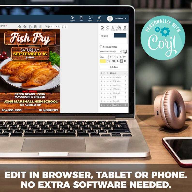 May include: A digital flyer for a fish fry event. The flyer is designed with a rustic wooden background and features a picture of fried fish. The event is scheduled for Saturday, September 16th from 3-6pm. The flyer includes the event location, John Marshall High School, and a phone number for contact. The flyer also includes the text "Fish Fry" in large, bold letters.