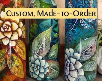 CUSTOM, MADE-to-ORDER Oil / Vinegar / Liquids Dispenser featuring Botanical Theme w/White Magnolias & Pressed Leaves.  Handmade Kitchenware.