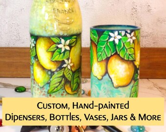 CUSTOM, Made-To-Order Oil Dispenser, Decanter, Glass & Bottle Art Pattern LEMONS. Hand-painted Kitchenware. Home Decor. Price Range 40-65+