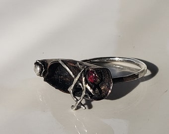 Darkened Sterling Silver Cocoon Ring with Caged Ruby - size 7.75