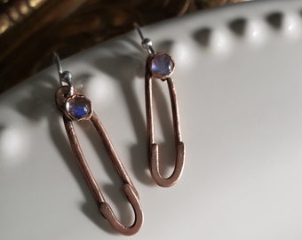 Copper Pin Dangle Earrings with Rainbow Moonstone
