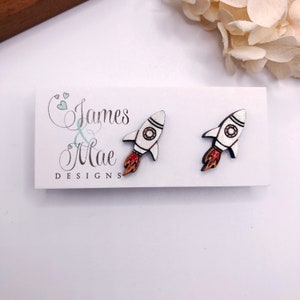 Hand painted rocket studs, rocket earrings, rocket ships, astronaut earrings, space earrings, hand painted earrings
