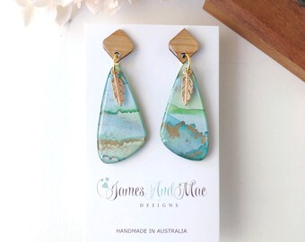 Green and gold alcohol ink and bamboo asymmetric dangles, alcohol ink earrings, green earrings, unique earrings, pretty earrings