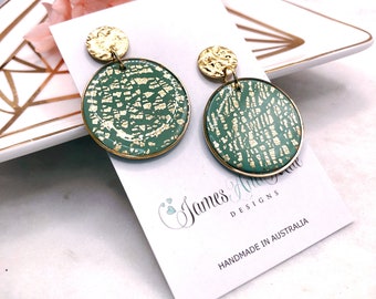 Large green and gold foil circle earrings, clay earrings, pretty earrings, green and gold earrings, statement earrings