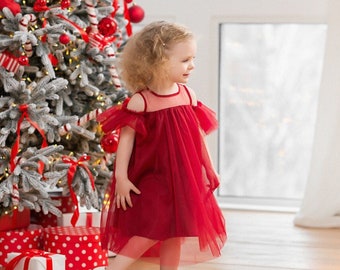 Red tulle Flower girl dress for Little princess, Toddler girl dress for Christmas eve, 1st Birthday girl outfit, Kids photo shoot dress