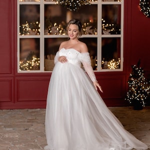 Suknia ślubna na zamówienie, Biała sukienka ciążowa, Sukienka na baby shower do sesji zdjęciowej, Suknia ślubna ciążowa, Niepowtarzalna długa sukienka, Długa sukienka tiulowa