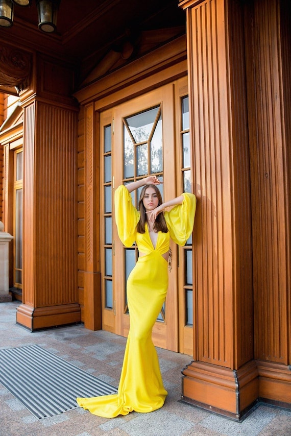 Yellow Chiffon Evening Gown
