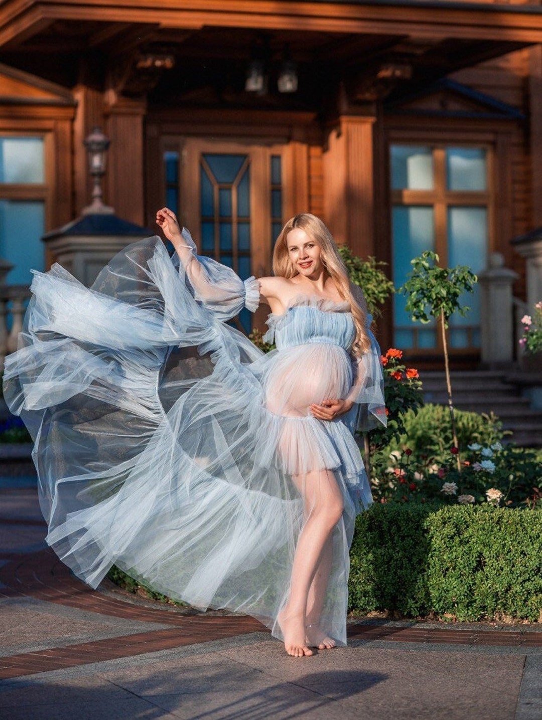 Pregnancy Photoshoot Dress, Plus Size Maternity Dress, Sheer Pregnancy Gown, Long Blue Train