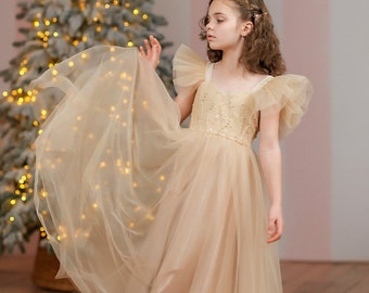Gold tulle flower girl dress, Little princess dress for party, New Year baby dress, Christmas Eve fairy look for toddler, Boho kids dress