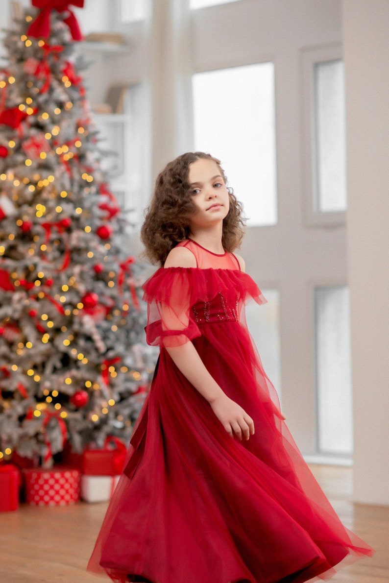 Baby girl dress red, Flower girl dress, Tulle dress, Toddler dress, Baby party dress, Girls long dress, Baby christmas dress image 1
