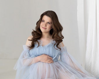 Blue tulle maternity dress for photo-shoot, Pregnancy boho dress, Transparent plus size dress, Baby shower party look, Maternity gown