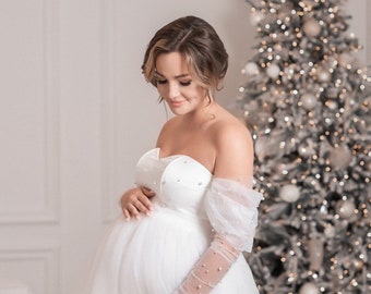 Plus Size Wedding Dress, Tulle Maternity Gown, Sheer Dress For Pregnancy Photoshoot, Tulle Maternity Wedding Dress For Photo Shoot