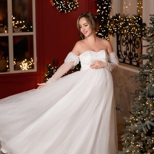 Plus Size Maternity Wedding Dress, Tulle Maternity Gown, White Dress For Pregnancy Photo-shoot, Dress With Pearl, Wedding veil and gloves