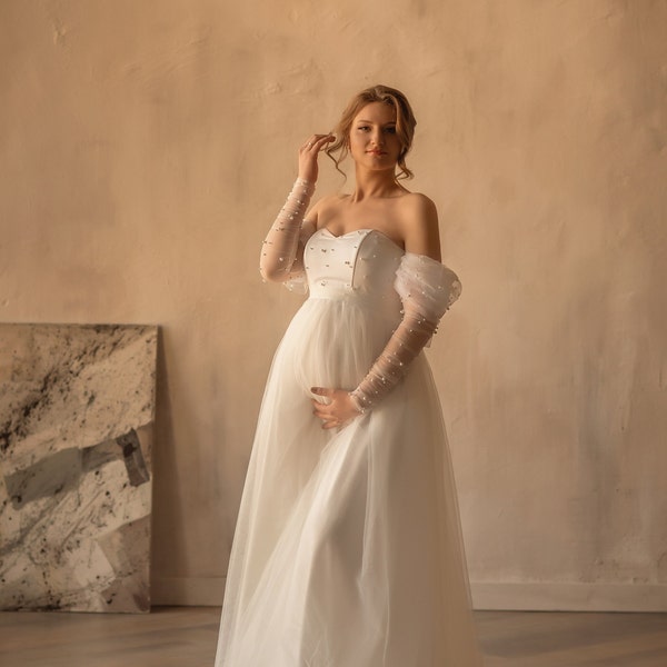 Umstandsbrautkleid, Tüll Umstandskleid, Plus Size Brautkleid, Tüll Umstandshochzeitskleid für Foto-Shooting