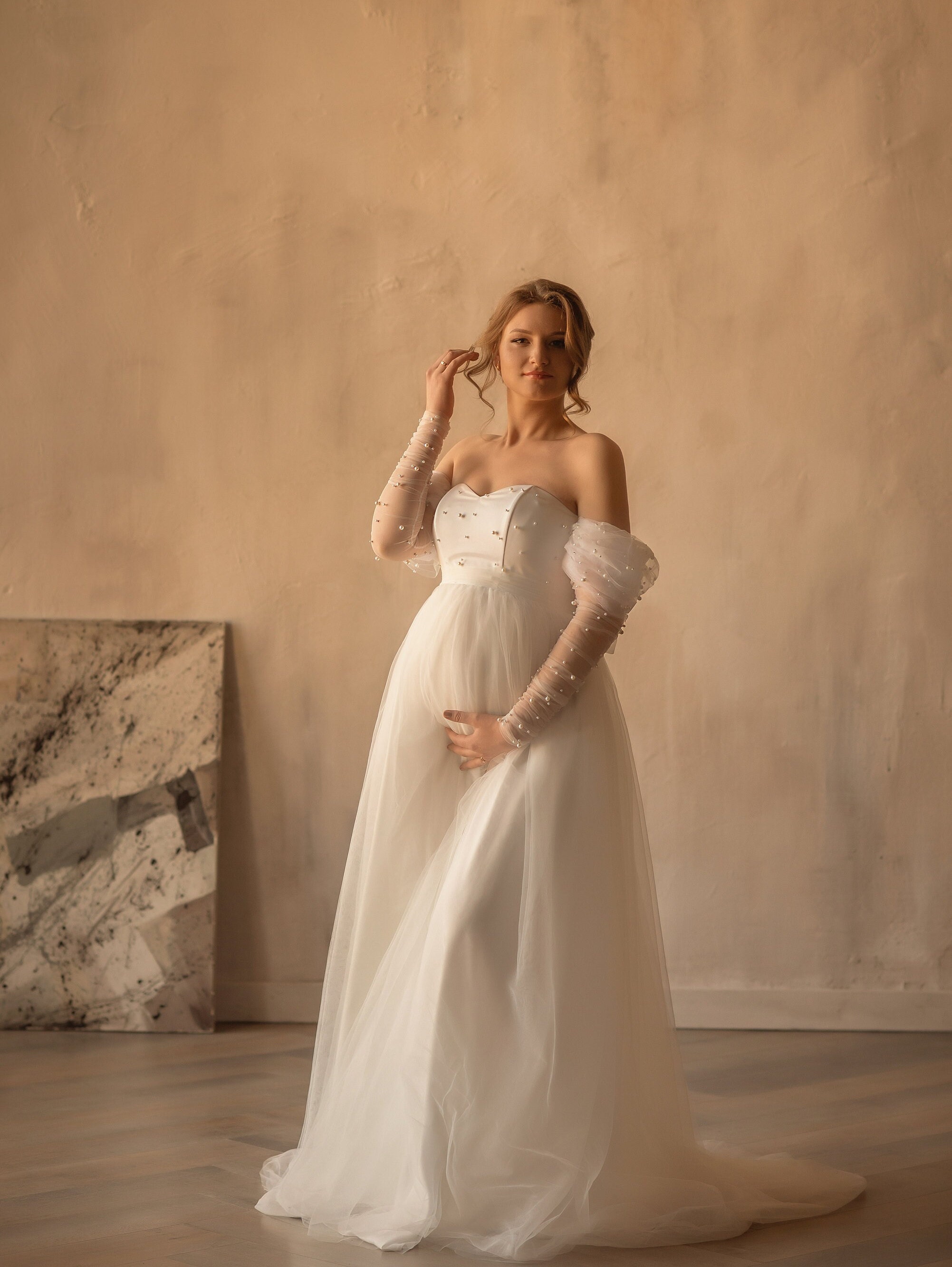 NABN Maternity Dresses for Photoshoot Tulle Maternity Dresses Off Shoulder  Maternity for Baby Shower Pregnancy Gowns 036 Apricot at  Women's  Clothing store