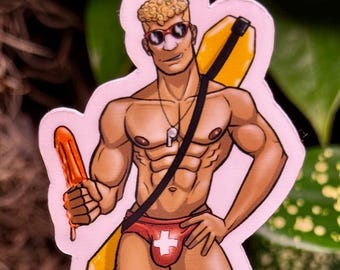 4" Male Pinup Sticker- Life Guard Ice Pop - Handmade and Waterproof (Perfect for Water Bottles!)