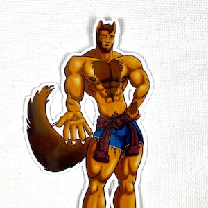 Puede incluir: Una criatura antropomórfica musculosa con forma de lobo, con pelaje marrón, que lleva pantalones cortos de mezclilla azul y una camisa de cuadros rojos atada a la cintura. Tiene barba marrón y una expresión amigable.