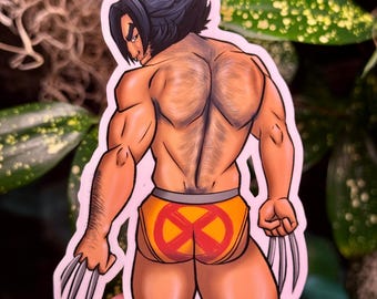 4" Male Pinup Sticker- Wolverine Booty - Gay Bara Superhero Art Sticker - Handmade and Waterproof (Perfect for Water Bottles!)